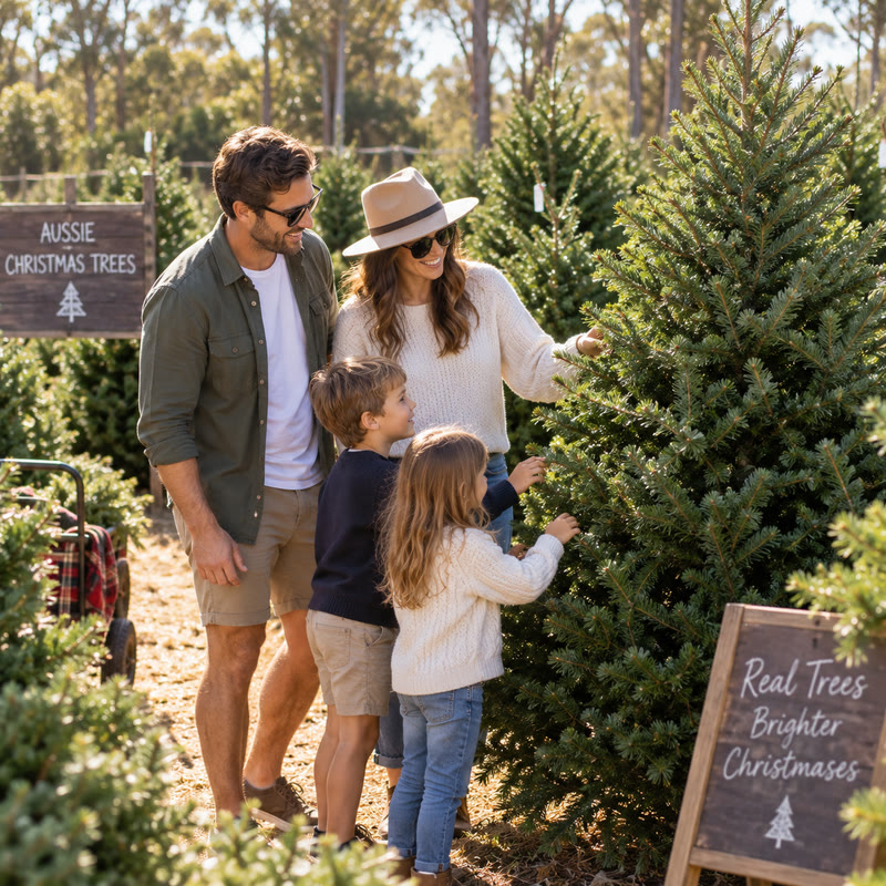 A family choosing a real Christmas tree at a tree farm